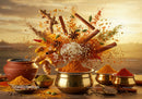 Variety of vibrant spices and herbs with flying ingredients