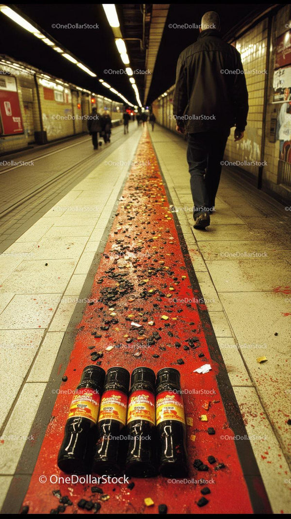 Zatłoczony peron metra z pasażerami i rozsypanymi monetami