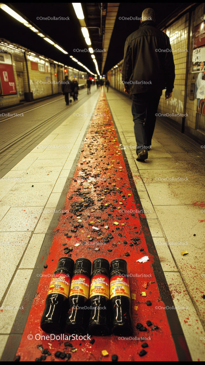 Busy Subway Platform with Passengers and Spilled Coins