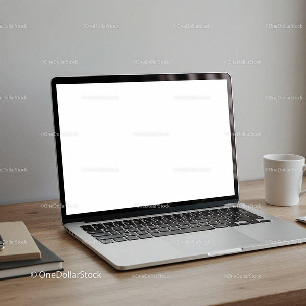 Modern laptop with blank screen and coffee cup on desk JPG Mockup Image