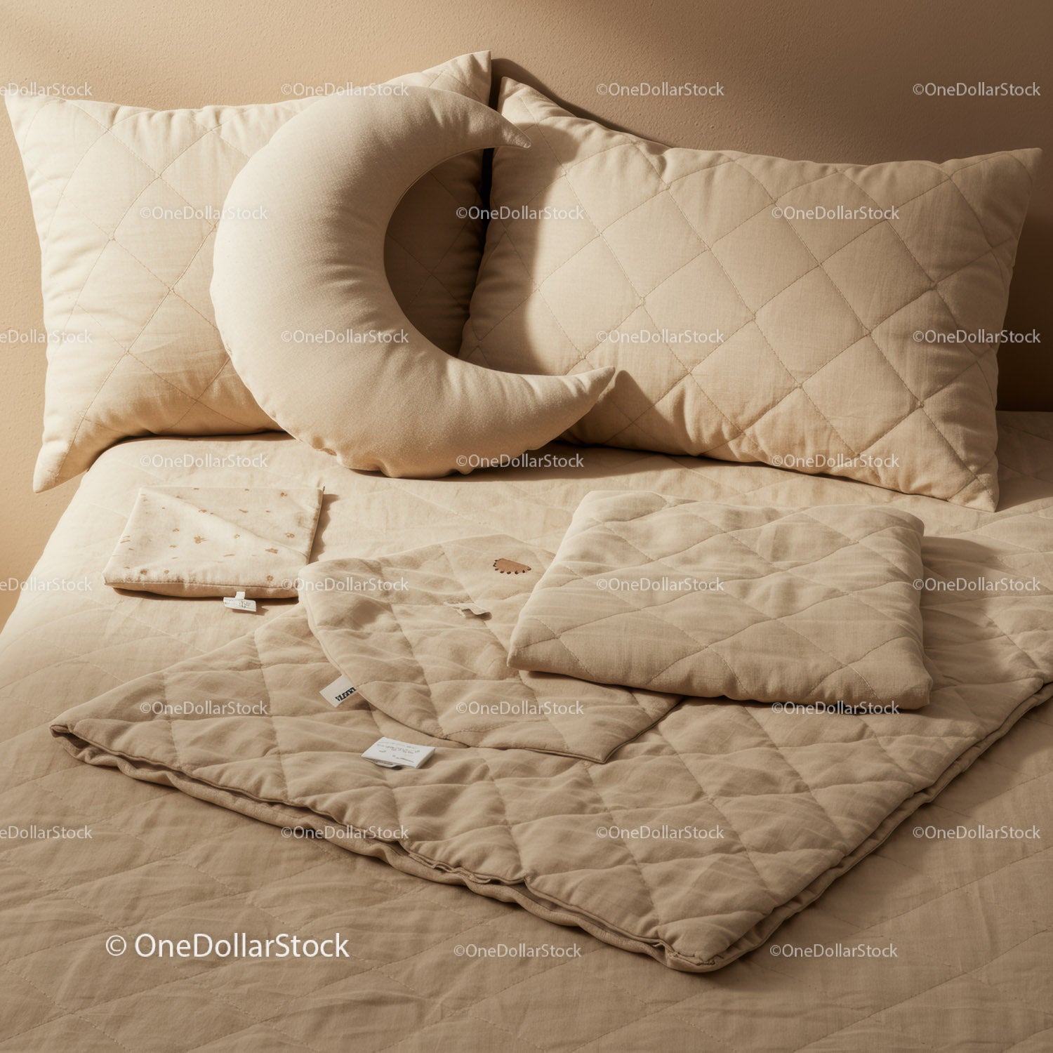 Cozy beige quilted bedding with crescent moon pillow