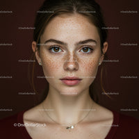 Freckled Young Woman with Bright Brown Eyes in Casual Red Sweater