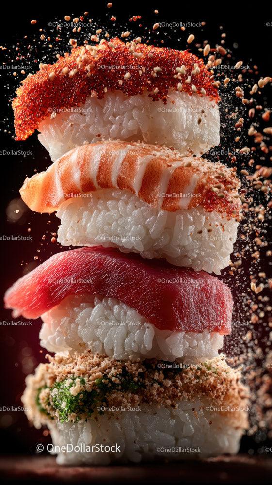 Assorted Sushi Rolls with Salmon Tuna and Seafood Garnishes