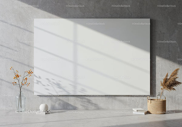 Minimalist interior with empty canvas and natural decor JPG Mockup Image