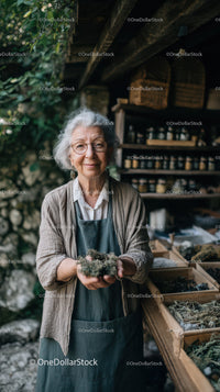 Elderly Woman with Herbal Collection in Rustic Garden Shop
