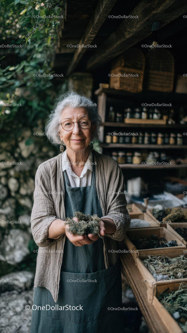 Elderly Woman with Herbal Collection in Rustic Garden Shop