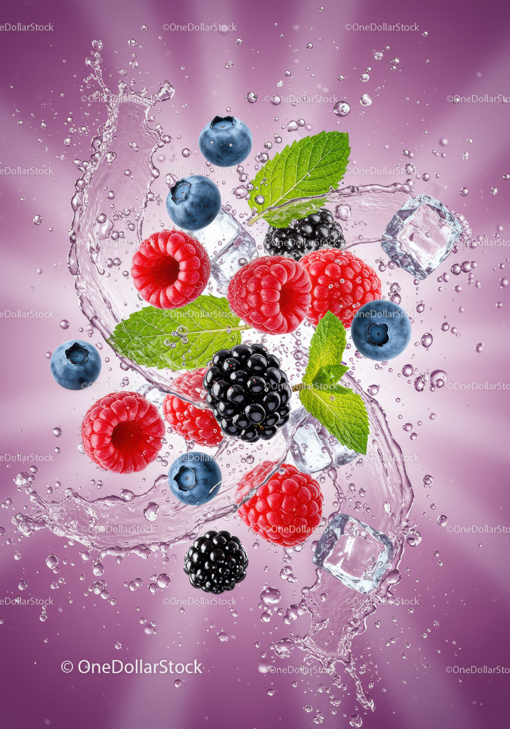 Fresh Mixed Berries Splashing in Water with Ice Cubes