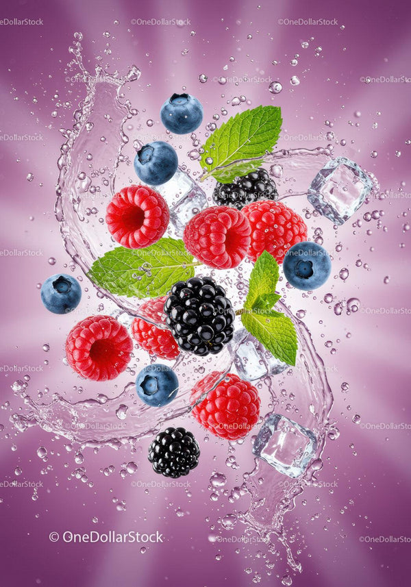 Fresh Mixed Berries Splashing in Water with Ice Cubes