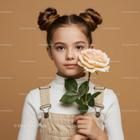 Young Girl Holding a Large Peach Rose Flower in Front of Beige Background