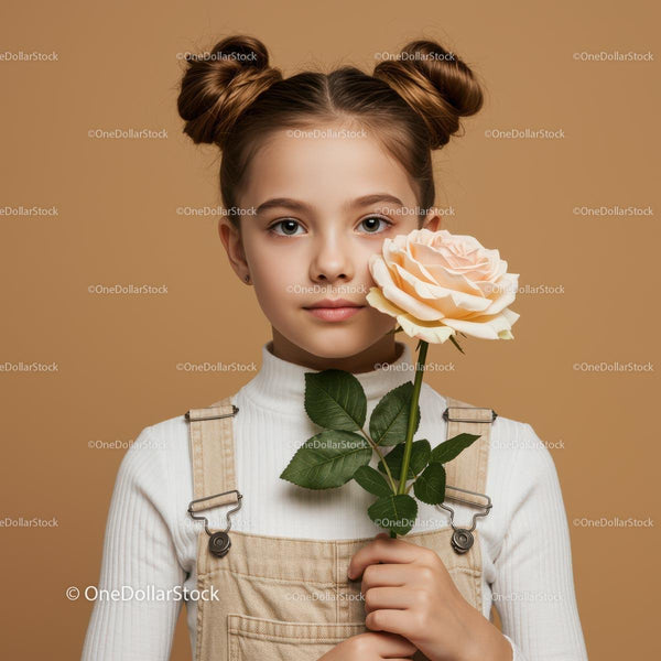 Young Girl Holding a Large Peach Rose Flower in Front of Beige Background
