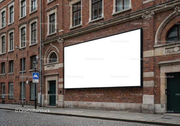 Blank billboard on vintage red brick building facade JPG Mockup Image