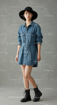 Fashionable Woman in Denim Dress and Black Hat Modeling Outdoor