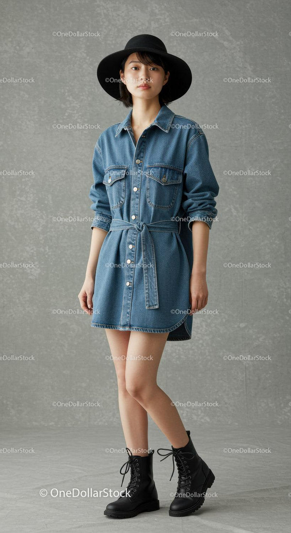 Fashionable Woman in Denim Dress and Black Hat Modeling Outdoor
