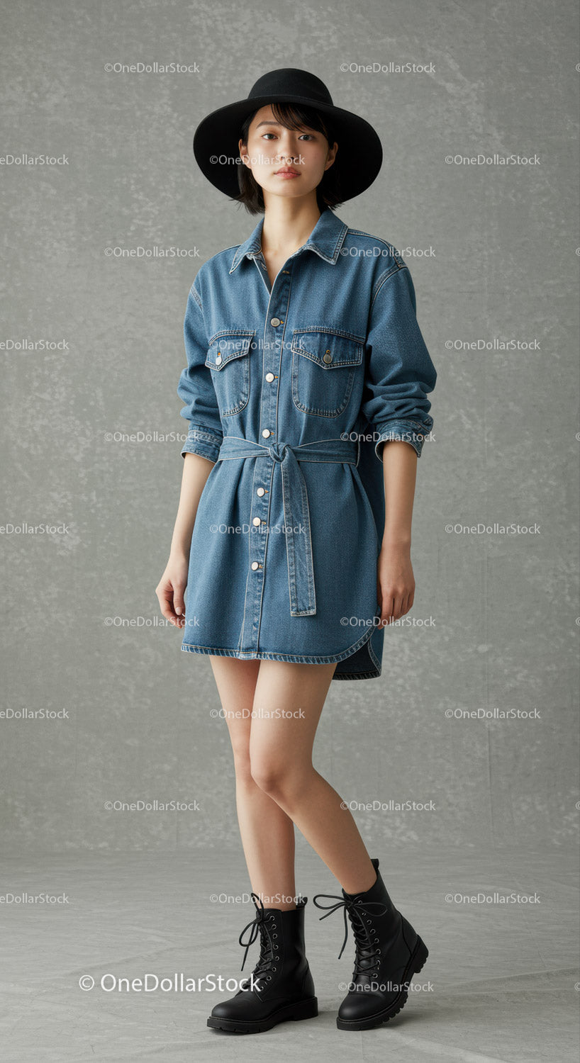 Fashionable Woman in Denim Dress and Black Hat Modeling Outdoor