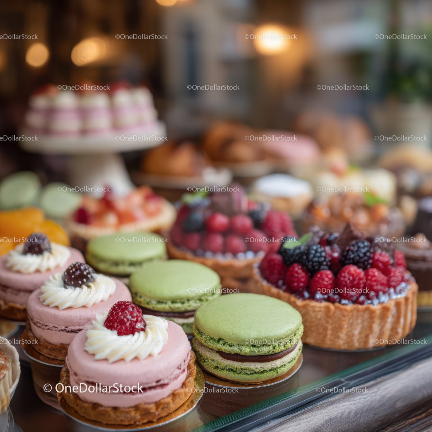 Assorted Fruit Tarts and Macarons in Bakery Display