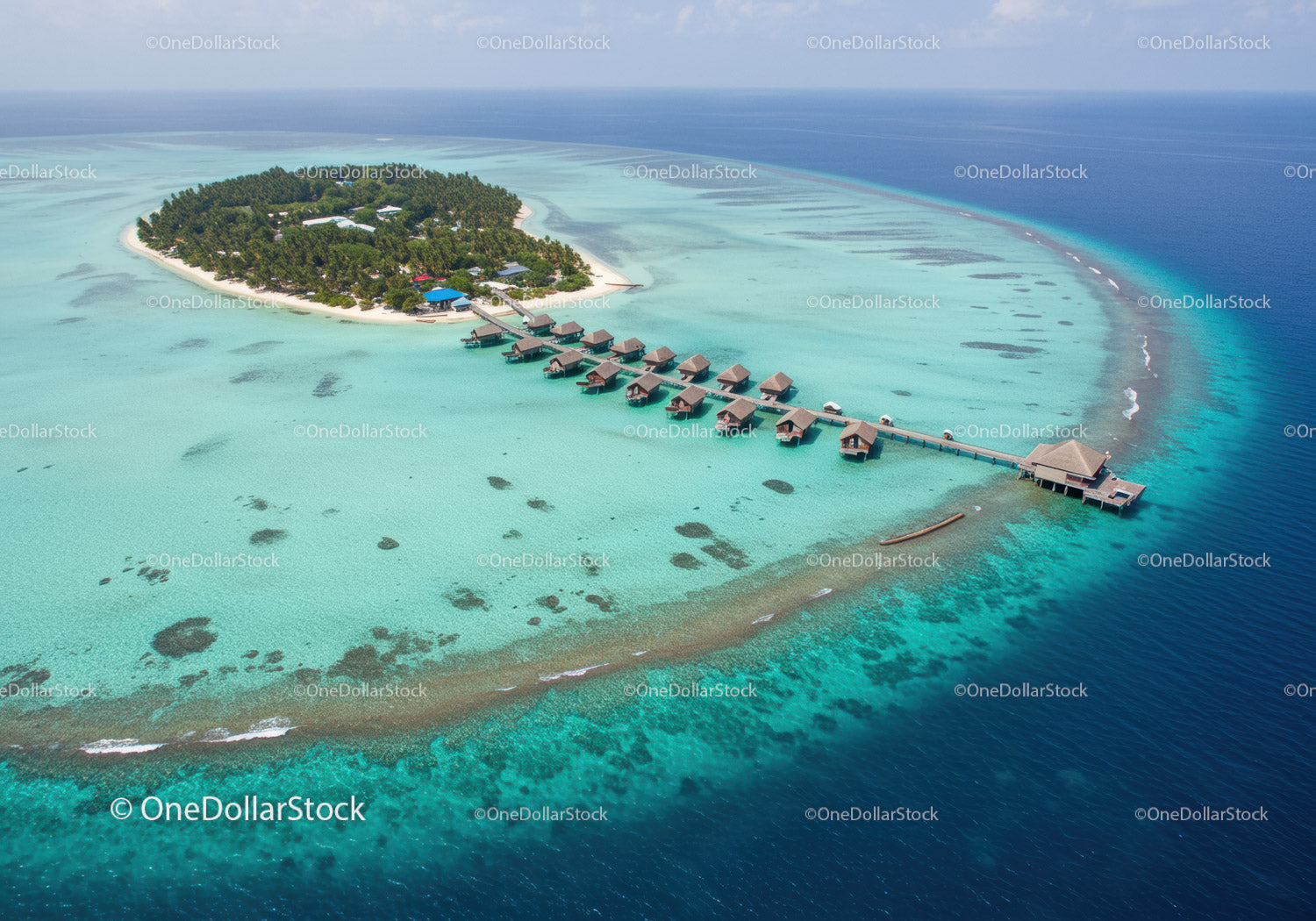 Tropical Island with Overwater Bungalows and Turquoise Seas
