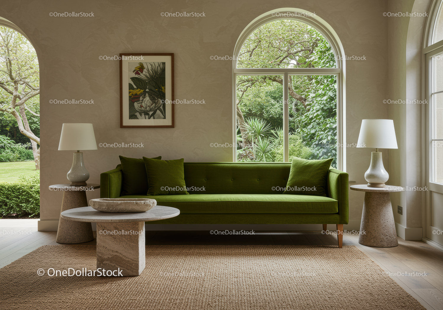 Minimalist Living Room with Green Sofa and Natural Light