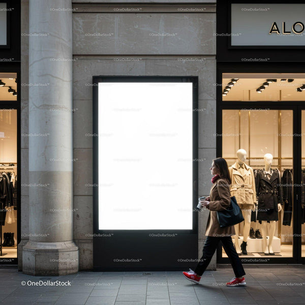 Woman walking past illuminated blank billboard in shopping district JPG Mockup Image