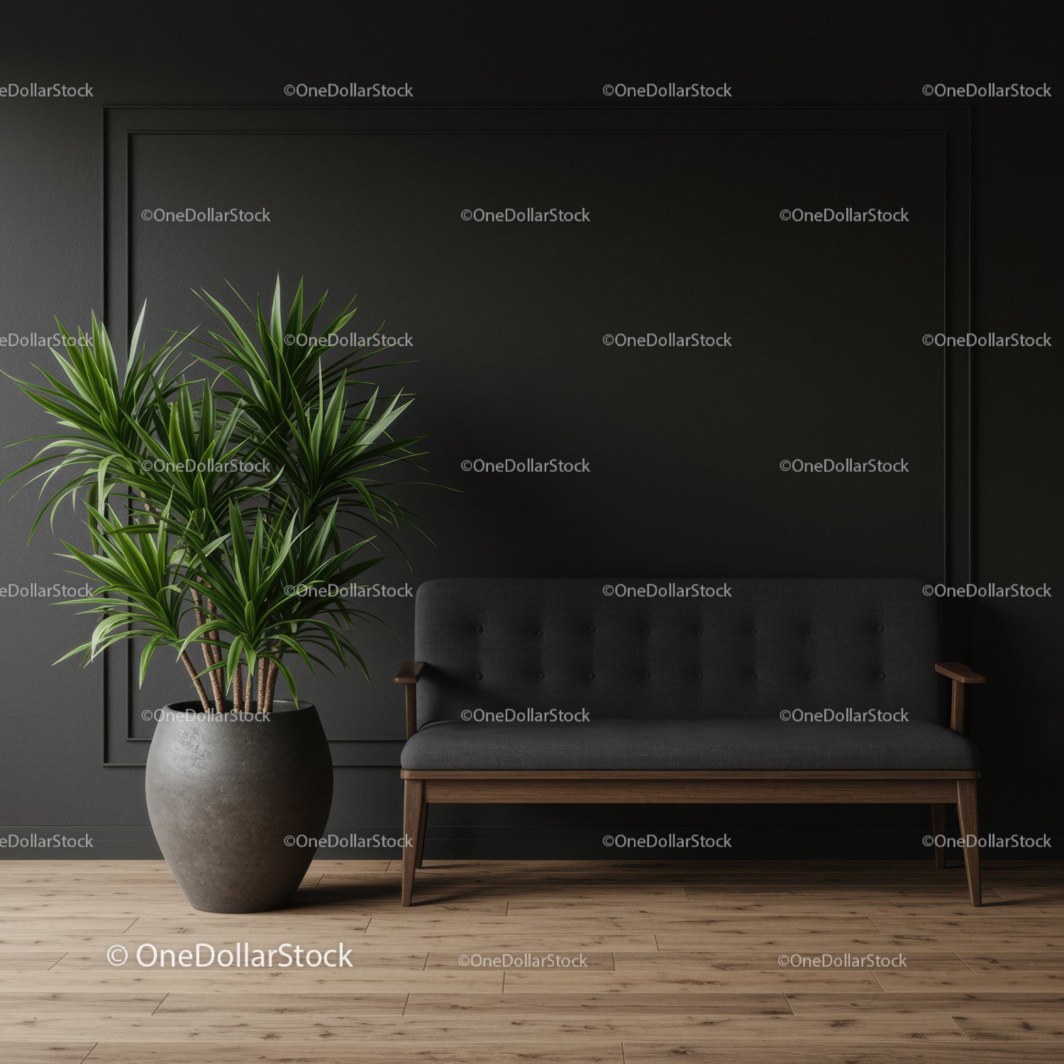 Nowoczesna roślina doniczkowa i czarna skórzana sofa w minimalistycznym salonie
