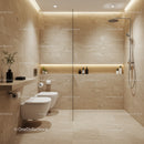 Elegant Modern Spa Bathroom with Beige Stone Tiles and Walk-in Shower