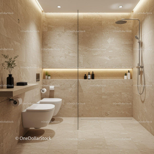 Elegancka nowoczesna łazienka spa z beżowymi kamiennymi płytkami i prysznicem typu walk-in