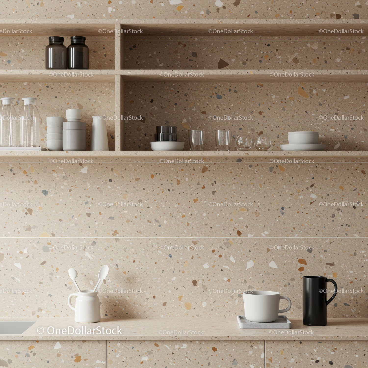 Contemporary Kitchen with Terrazzo Surfaces and Minimalist Decor