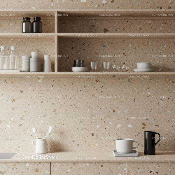 Nowoczesna kuchnia z powierzchniami terrazzo i minimalistycznym wystrojem