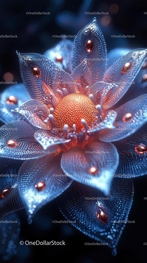 Żywy Bioluminescencyjny Kwiat z Kroplami Wody w Makro