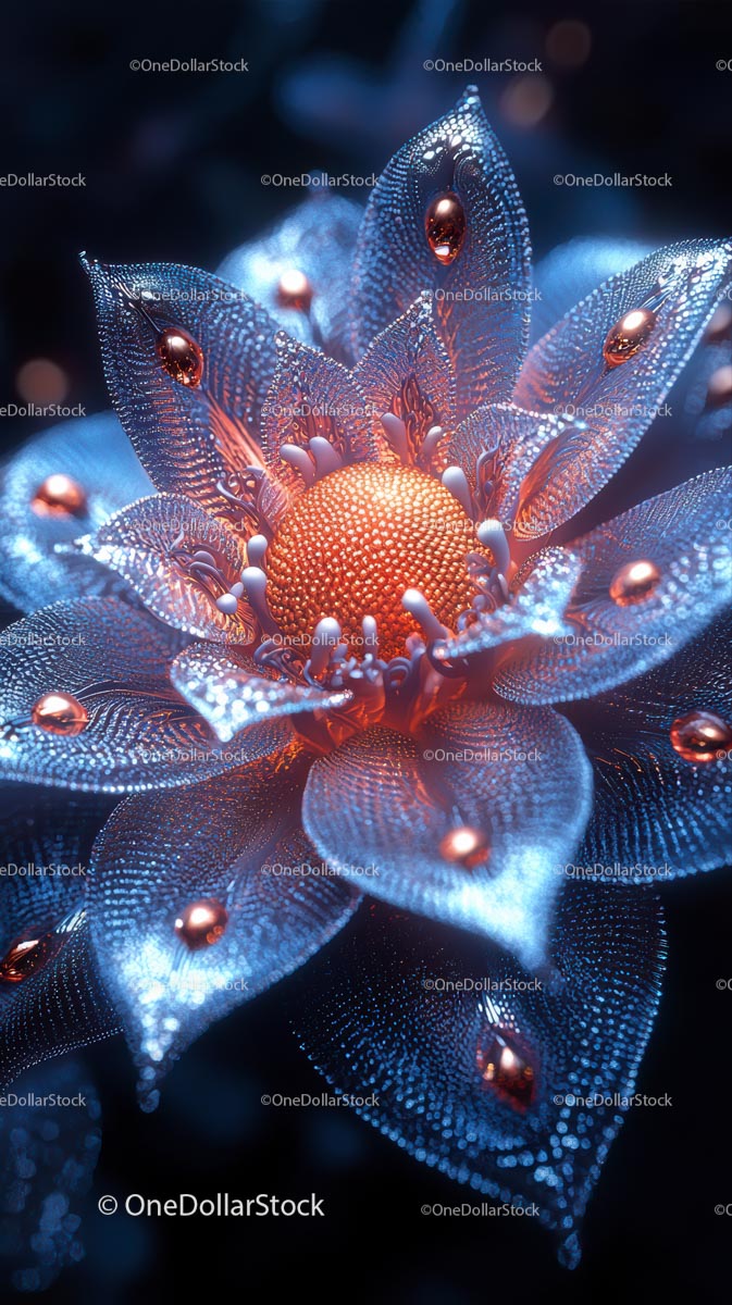 Vivid Bioluminescent Flower with Water Droplets in Macro View