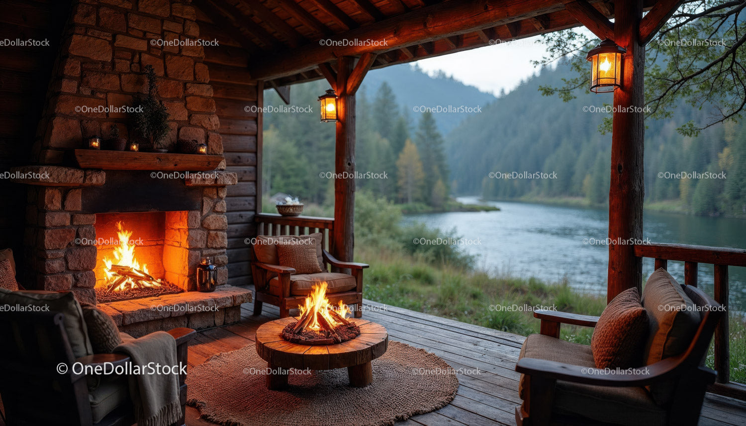 Tranquil Mountain River Cabin Porch with Fireplace and Scenic Views