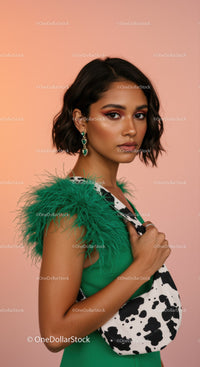 Stylish Woman in Green Dress with Feathered Shoulders and Elegant Jewelry