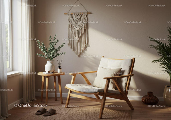 Cozy wooden armchair with soft cushions by window