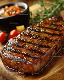 Juicy Grilled Steak on Wooden Platter with Fresh Vegetables