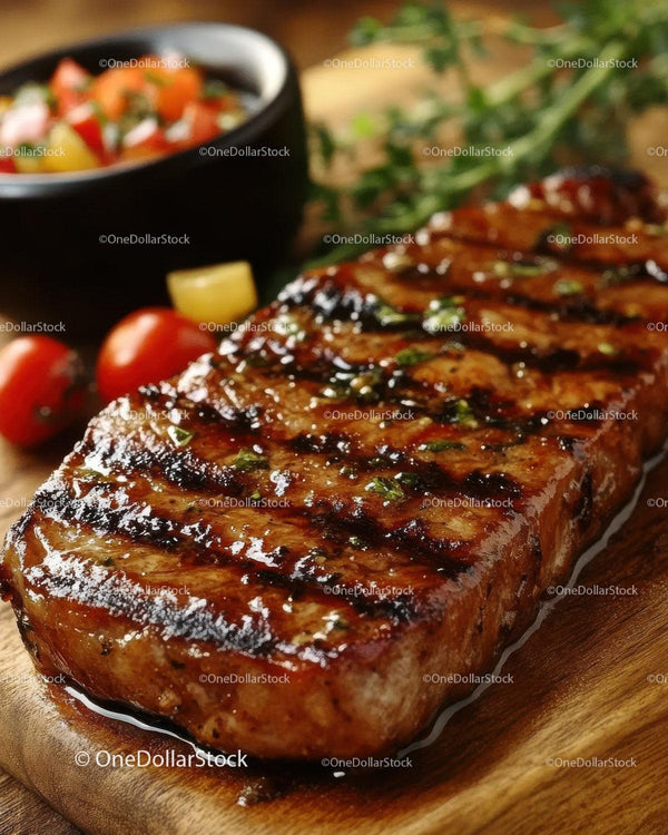 Juicy Grilled Steak on Wooden Platter with Fresh Vegetables