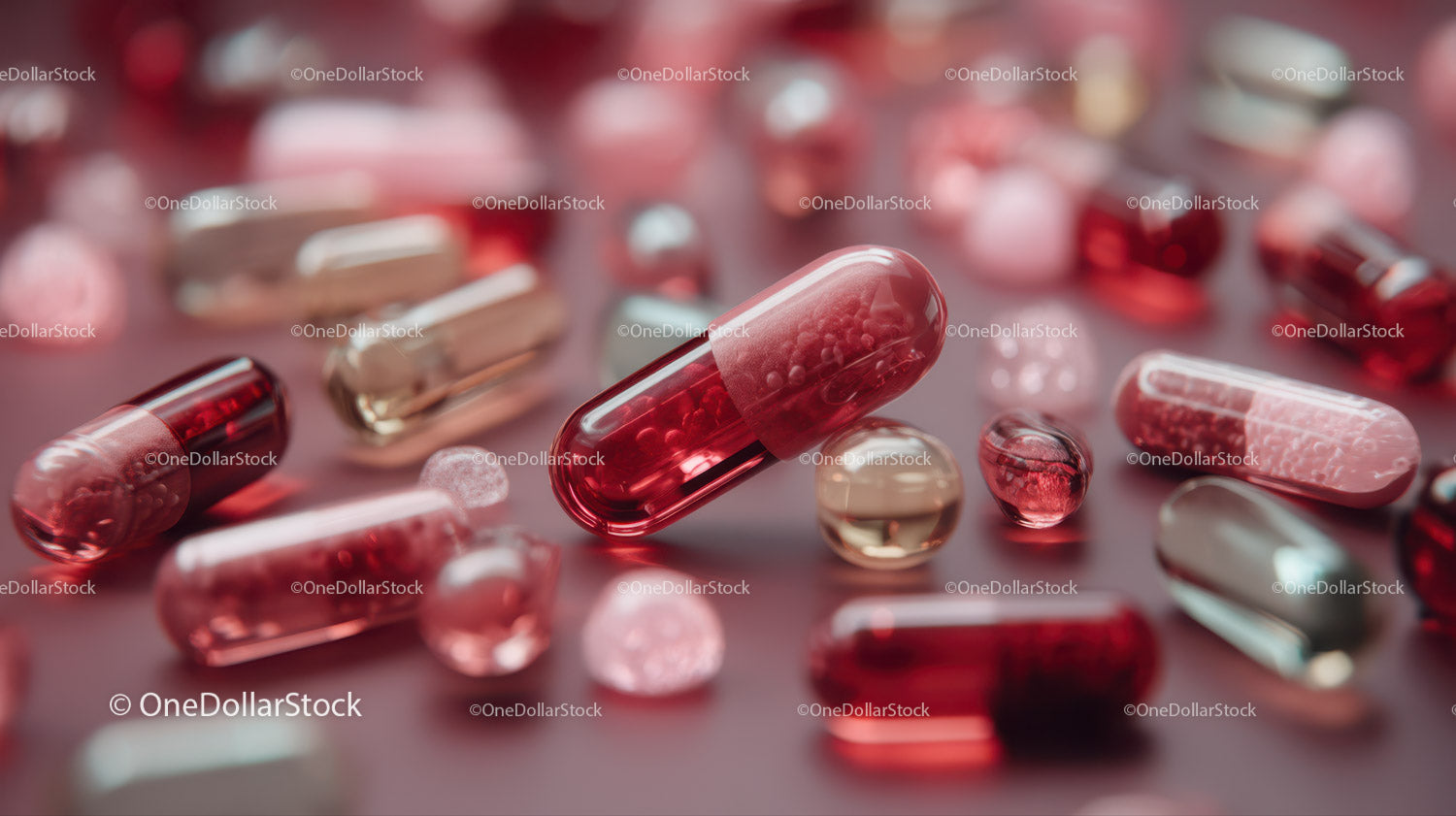 Close-up of Assorted Red Pink and Clear Pharmaceutical Capsules