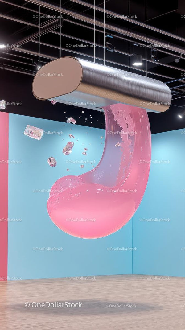 Duża Różowa Kropla Cieczy – Instalacja Artystyczna w Nowoczesnej Galerii