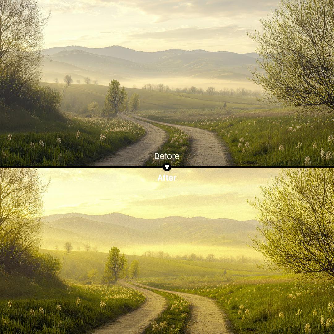 Before and after Golden Morning LUT Pack effect