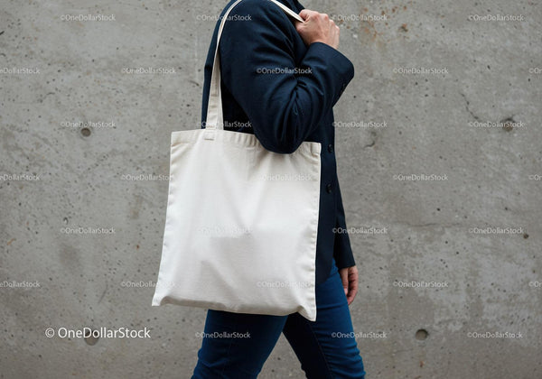 Person Carrying Simple White Canvas Tote Bag Outdoors JPG Mockup Image