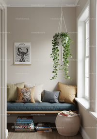 Cozy Indoor Nook with Hanging Green Plant and Colorful Cushions