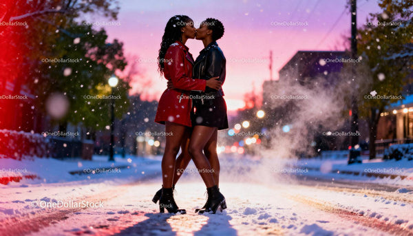Couple sharing a tender kiss on snowy city street