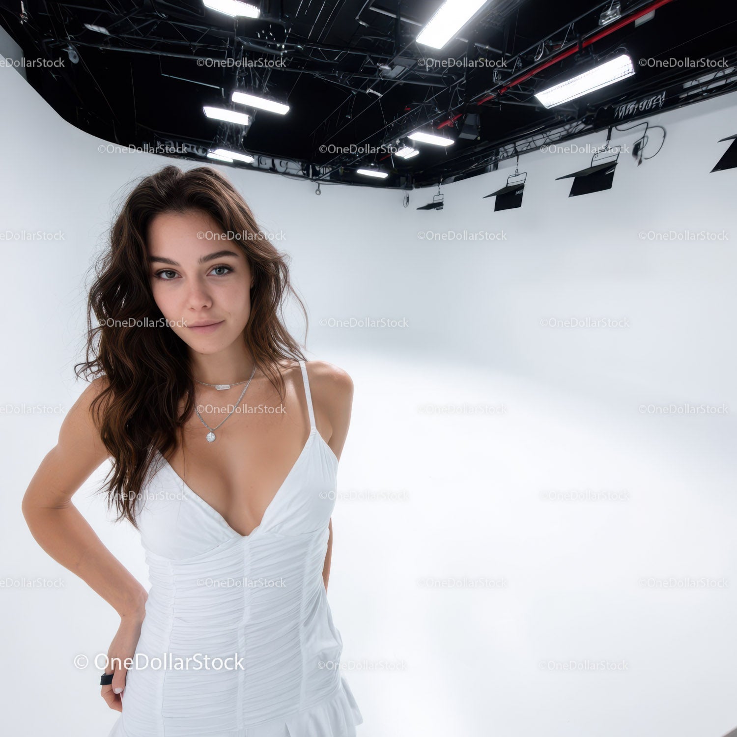 Woman in White Dress in Bright White Studio with Studio Lighting