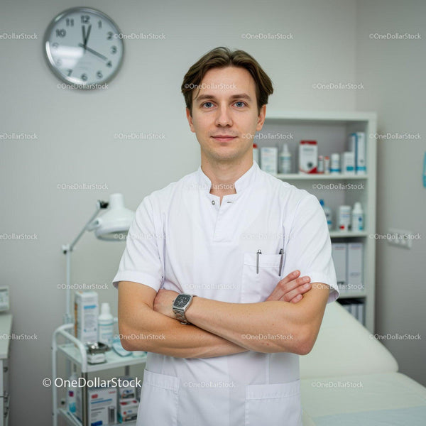 Młody Mężczyzna Lekarz w Białym Fartuchu w Nowoczesnej Klinice