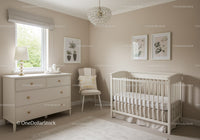 Neutral Nursery Room with White Baby Crib and Botanical Wall Art