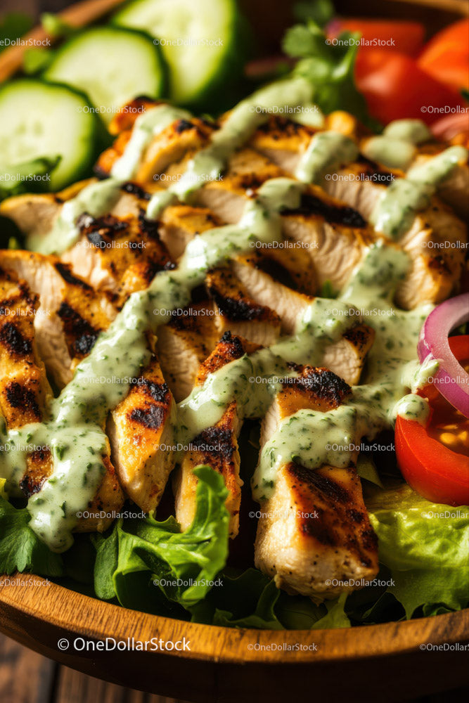 Grilled Chicken Salad with Herb Sauce and Fresh Vegetables