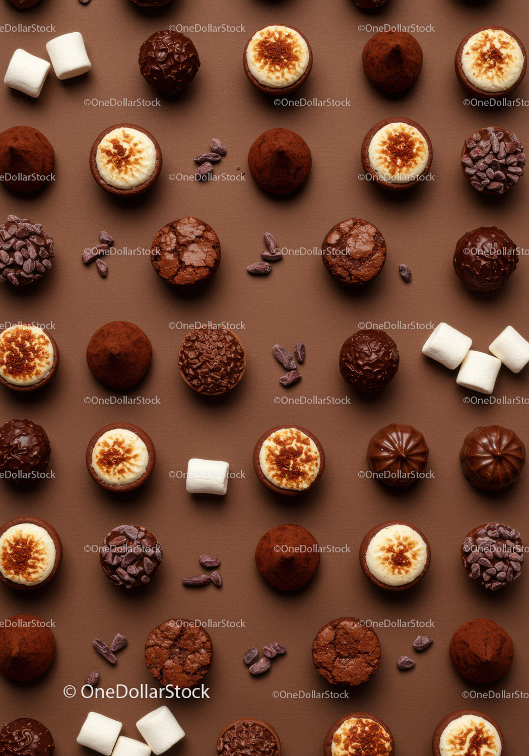 Assorted chocolate truffles with marshmallows on brown surface