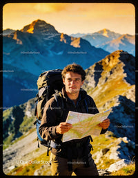 Backpacker Exploring Mountain Trails With Map in Hand