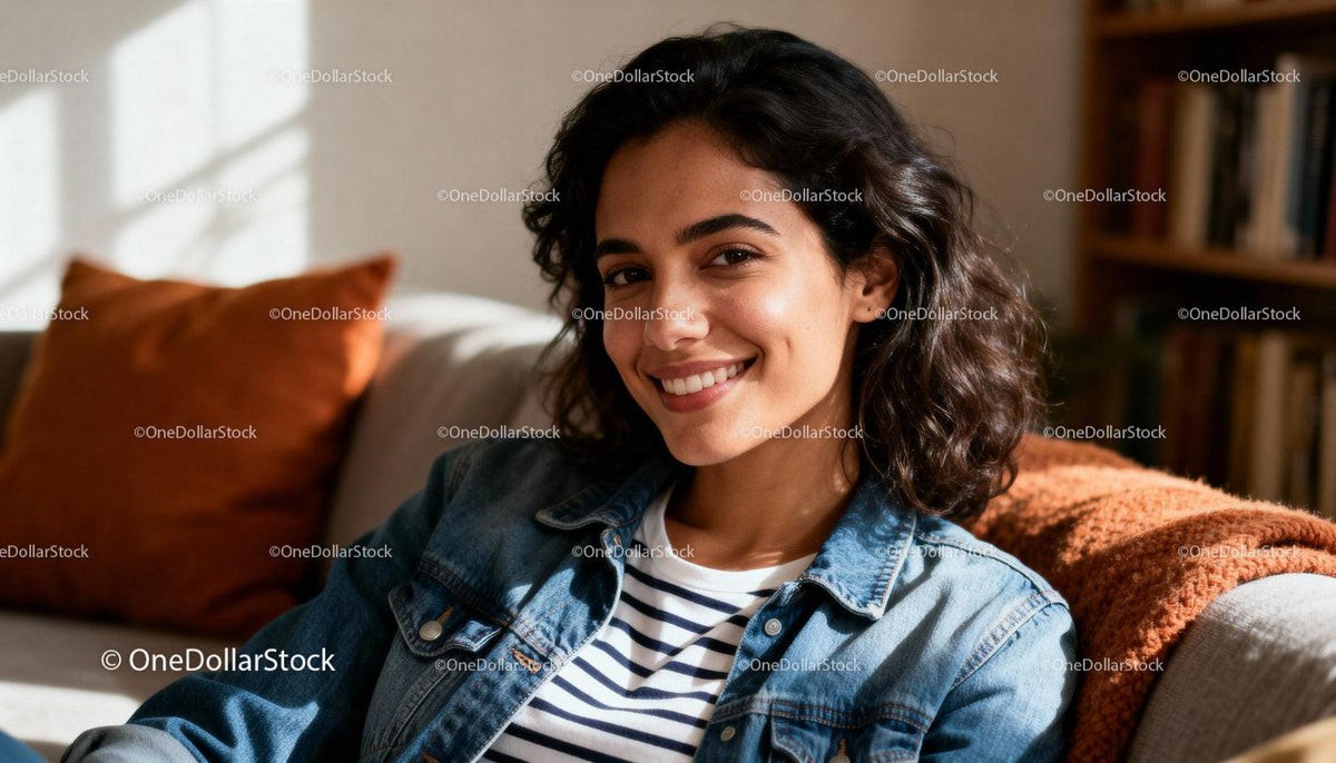 Smiling young woman relaxing on cozy sofa at home