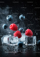 Fresh raspberries and blueberries with ice cubes splash
