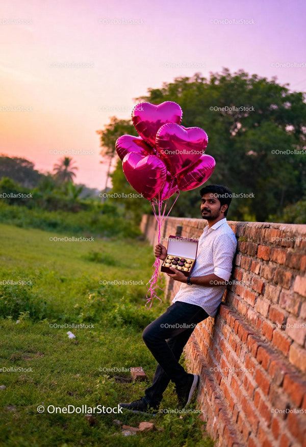 Man holding heart balloons and chocolates outdoors at sunset