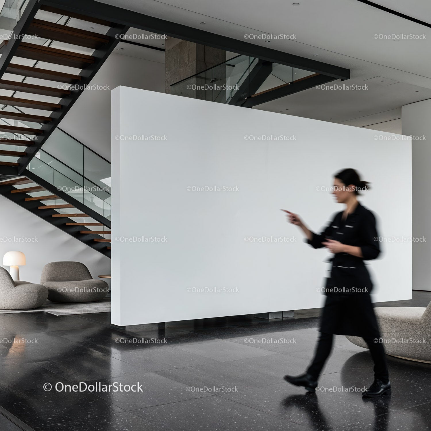 Blurred woman walking in modern minimalist lobby interior